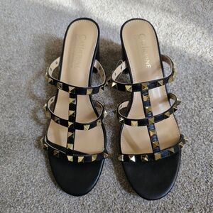 Black Leather Gold Studded Sandals 9.5